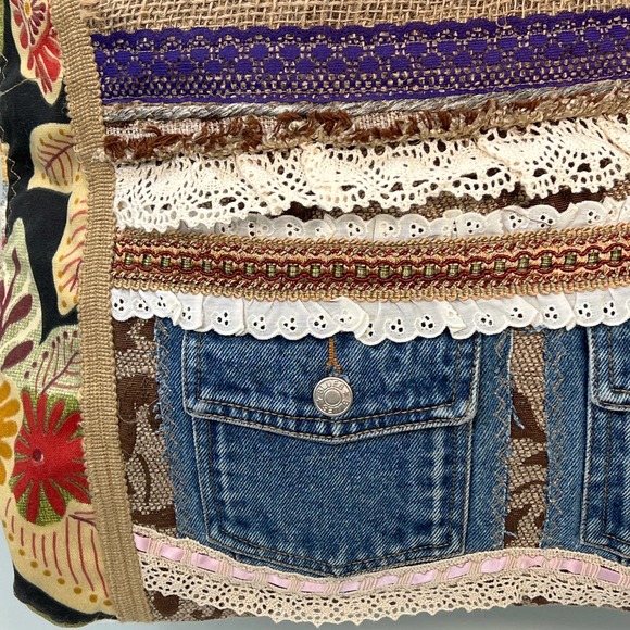 Upcycled Tote Market Bag Denim Lace Remnants Large Shopping Crafts Boho Artist - Picture 7 of 9